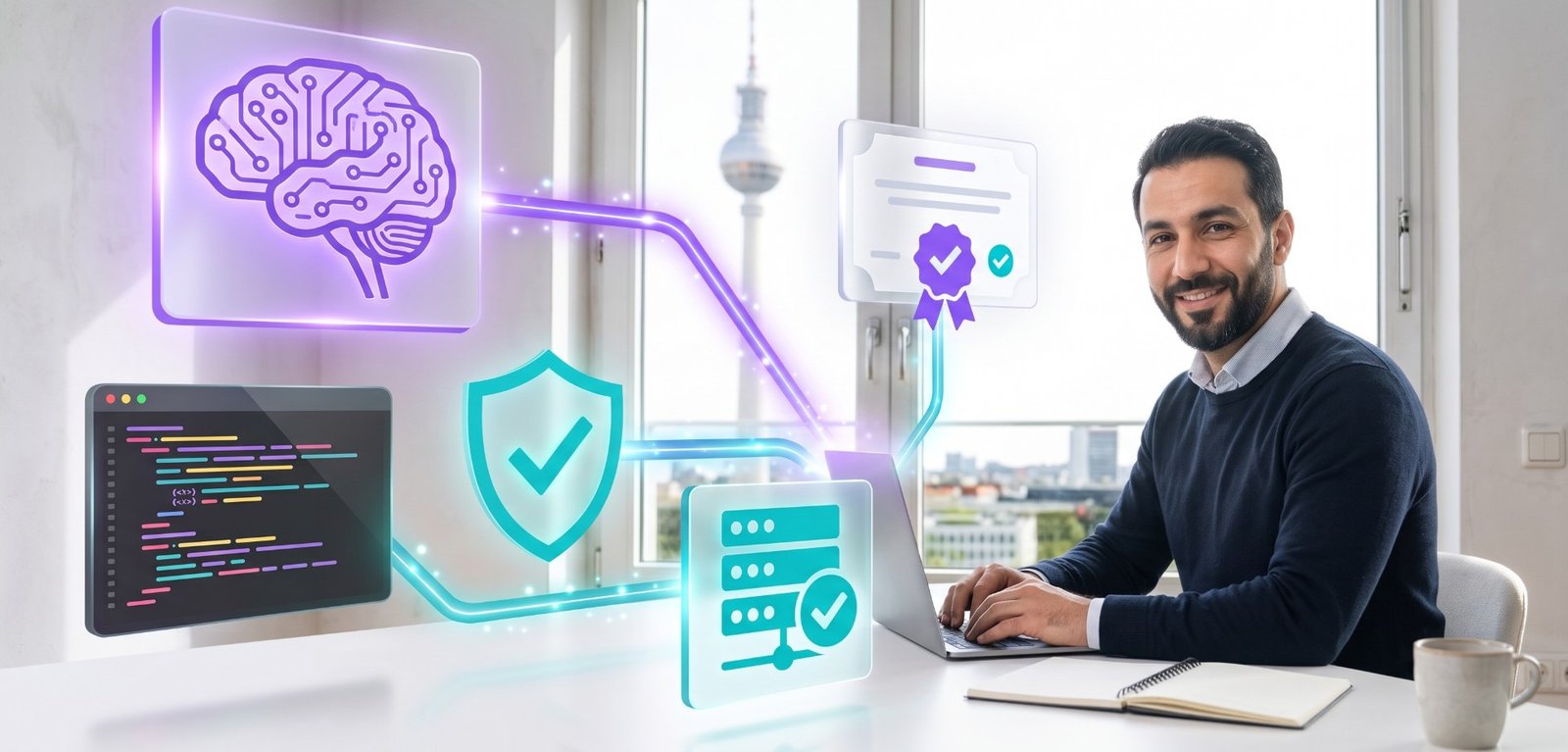IT-Administrator am Laptop in einem hellen Büro in Berlin mit Fernsehturm; schwebende Symbole für KI, Code, IT-Sicherheit, Server und Zertifikat, durch Lichtlinien verbunden
